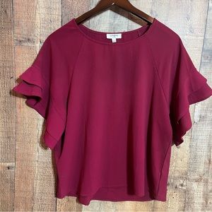 UMGEE WOMENS BLOUSE FLUTTERY LAYERED SLEEVE SCOOP NECK BURGUNDY SZ SM